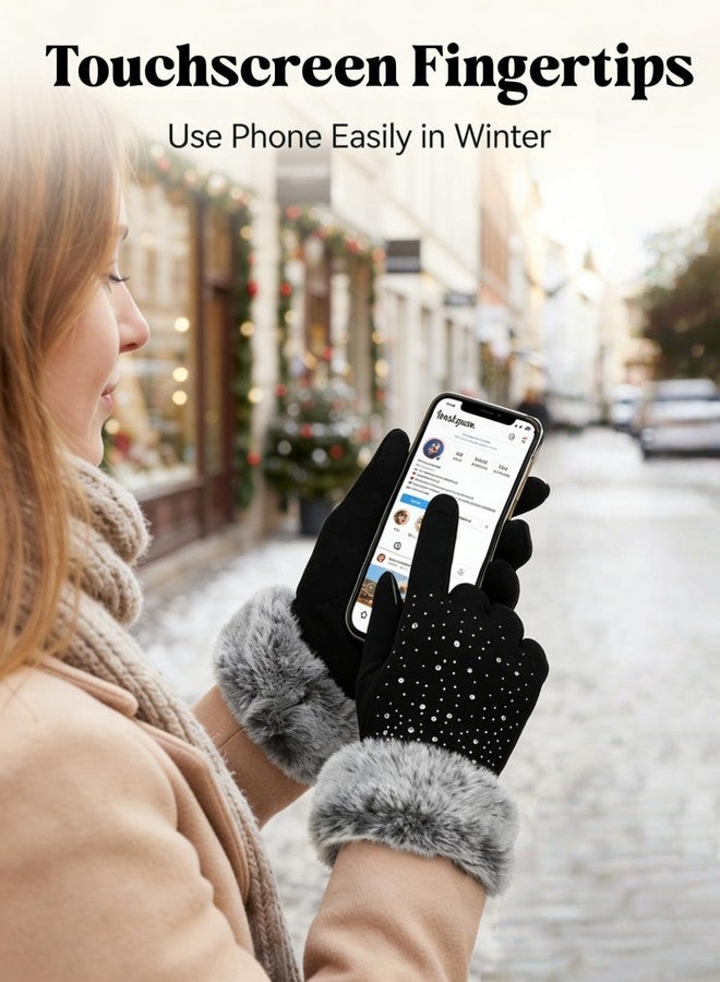 ZGMYC Women Touchscreen Fleece Lined Winter Gloves Luxurious Rhinestones Mittens with Rabbit Fur Cuffs Black - Image 2
